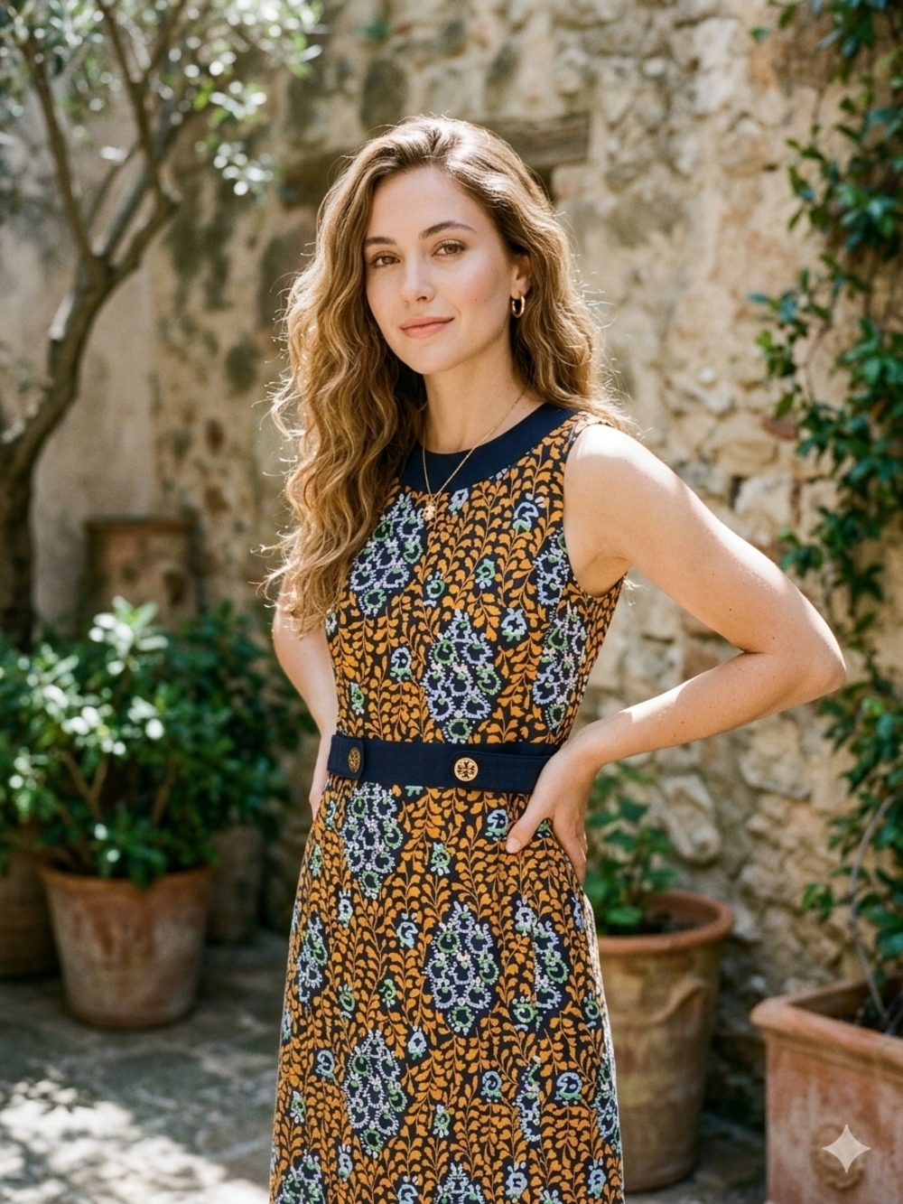 Tory Burch Orange and Navy Floral-Print Sleeveless Midi Dress